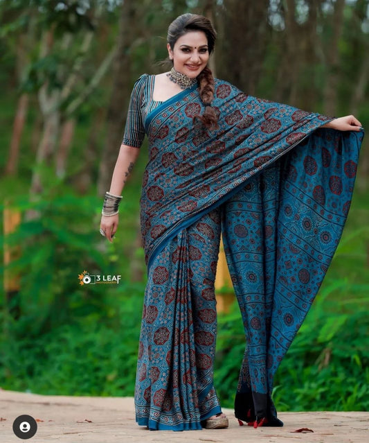 Aqua Blue All Over Ajrakh Print Cotton Silk Party Wear Saree For Woman