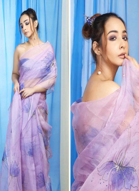 Awesome Flower Digital Print Organza Festive Look Purple Color Saree